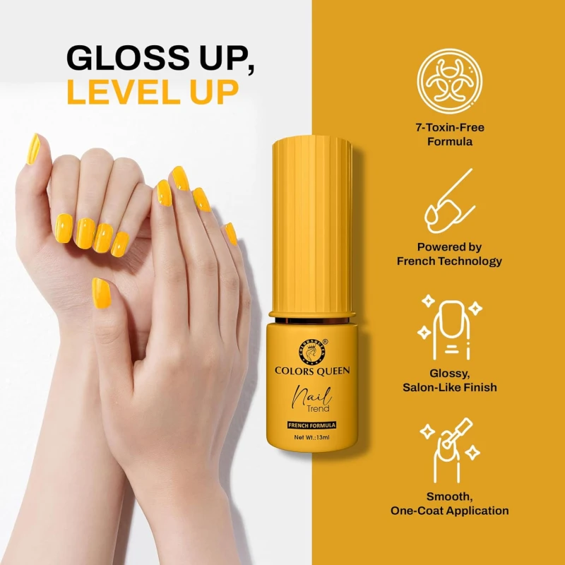 Colors Queen Nail Trend Glossy Nail Polish | Chip Resisting & Quick Drying Nail Paint with High Shine | 7 Toxin Free Formula | Vegan & Cruelty Free | Long Lasting & Vibrant Nail Paint for Women (Dipped In Honey, 13ml) - Thumbnail 3